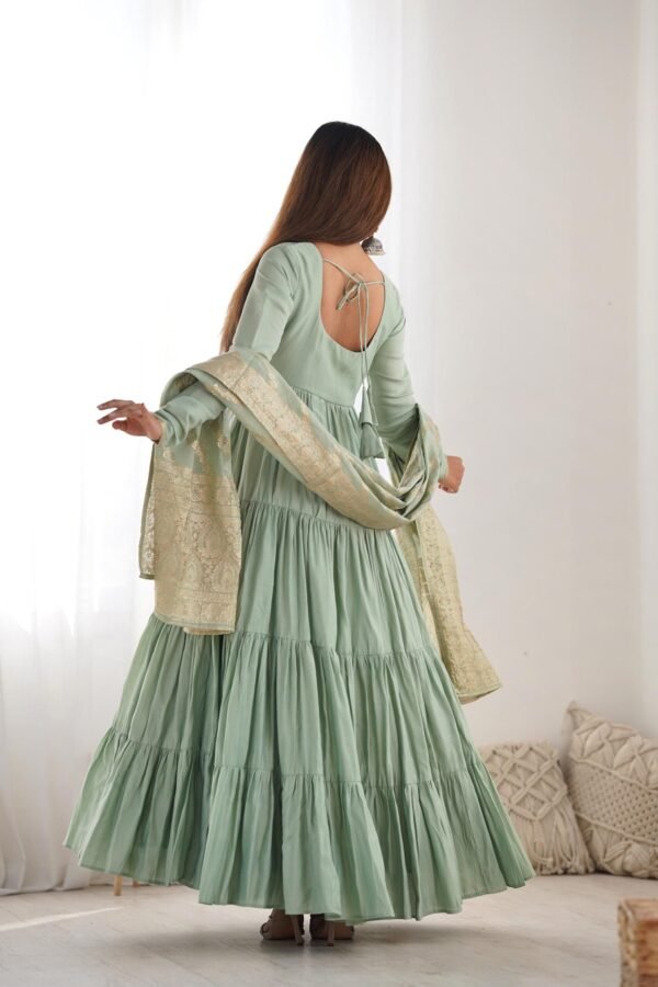 Pistachio Green Roman Silk Four-Layer Anarkali Gown Set