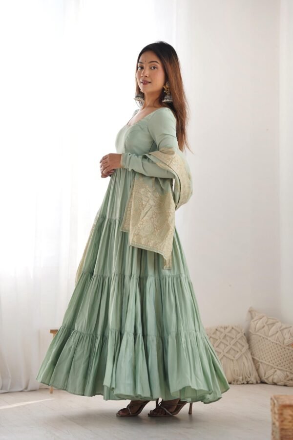 Pistachio Green Roman Silk Four-Layer Anarkali Gown Set