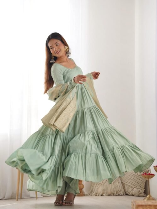 Pistachio Green Roman Silk Four-Layer Anarkali Gown Set