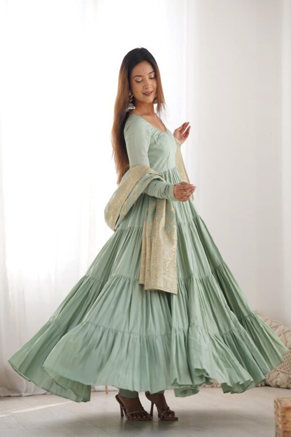 Pistachio Green Roman Silk Four-Layer Anarkali Gown Set