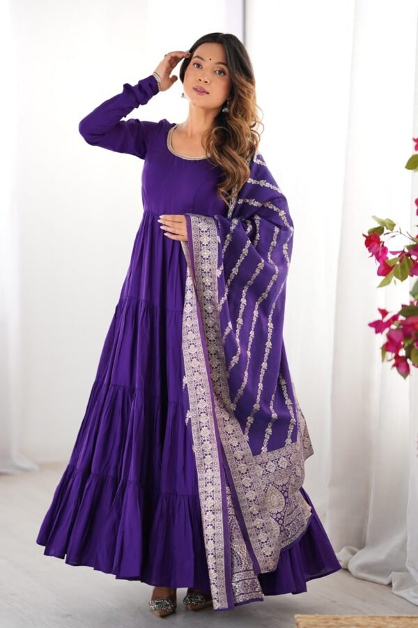 Purple Roman Silk Four-Layer Anarkali Gown Set