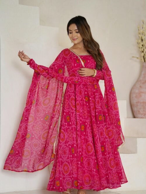 Rani Pink Bandhej Print Chiffon Anarkali Suit Set