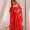Red Bandhej Print Chiffon Anarkali Suit Set