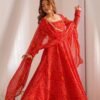 Red Bandhej Print Chiffon Anarkali Suit Set