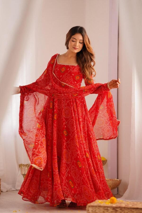 Red Bandhej Print Chiffon Anarkali Suit Set