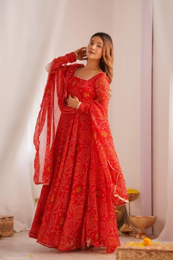 Red Bandhej Print Chiffon Anarkali Suit Set