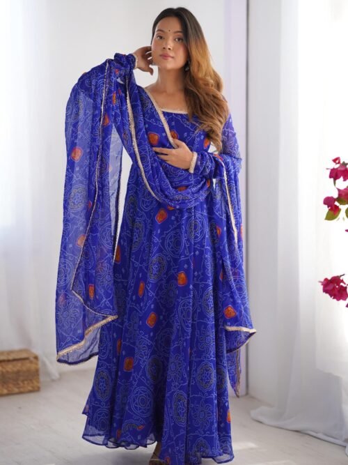 Royal Blue Bandhej Print Anarkali Suit Set