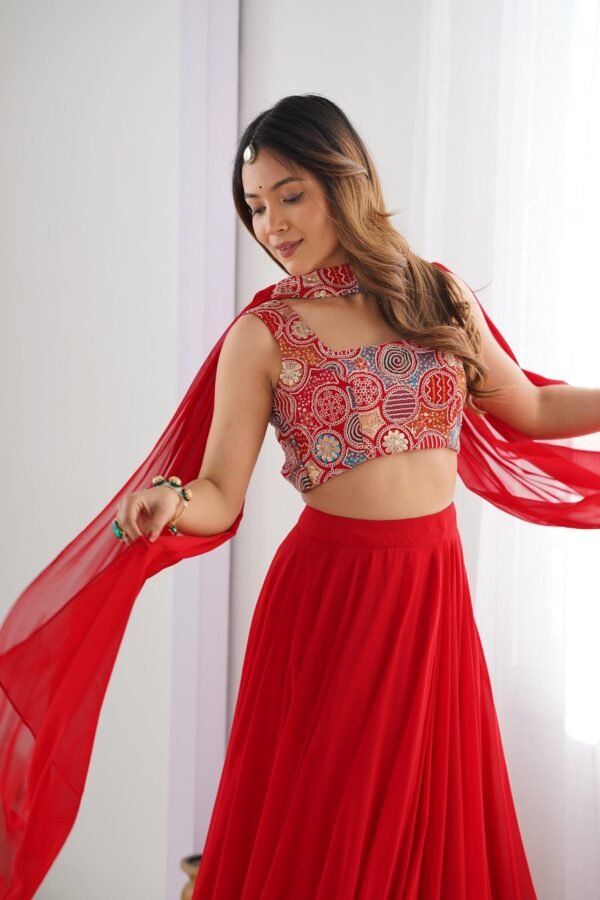 Red Color Fully Flared Lehenga Choli with Exquisite Embroidery