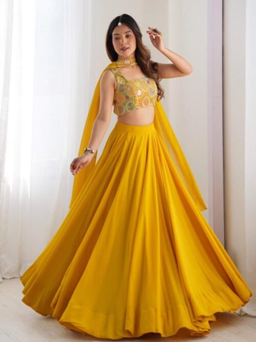 Yellow Color Fully Flared Lehenga Choli with Intricate Embroidery