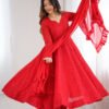 Red Color Lucknowi Work Anarkali Suit with Ruffle Dupatta