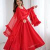 Red Color Lucknowi Work Anarkali Suit with Ruffle Dupatta
