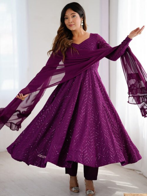 Wine Color Lucknowi Work Anarkali Suit