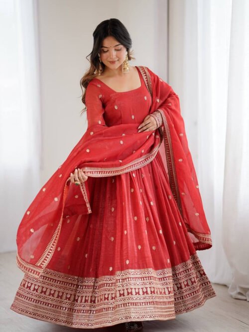 Rust Orange Crunchy Silk Anarkali Suit