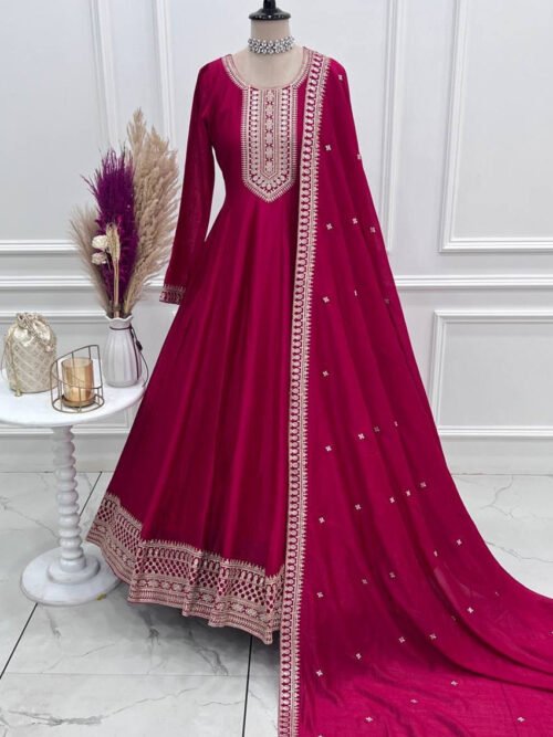 Rani Pink Vichitra Silk Anarkali Gown