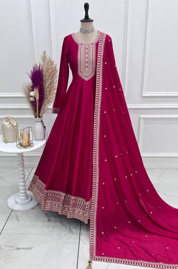 Rani Pink Vichitra Silk Anarkali Gown