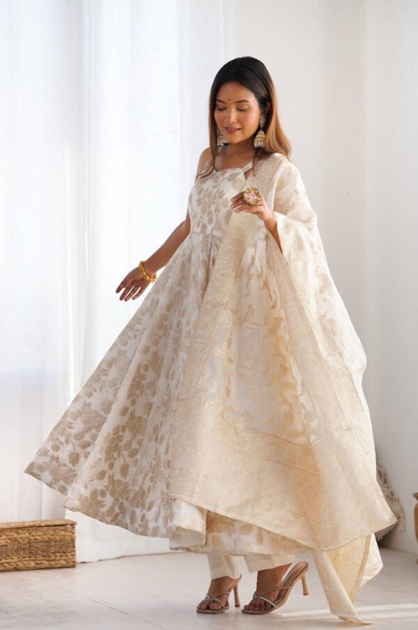 White Banarasi Jacquard Dola Silk Anarkali Suit
