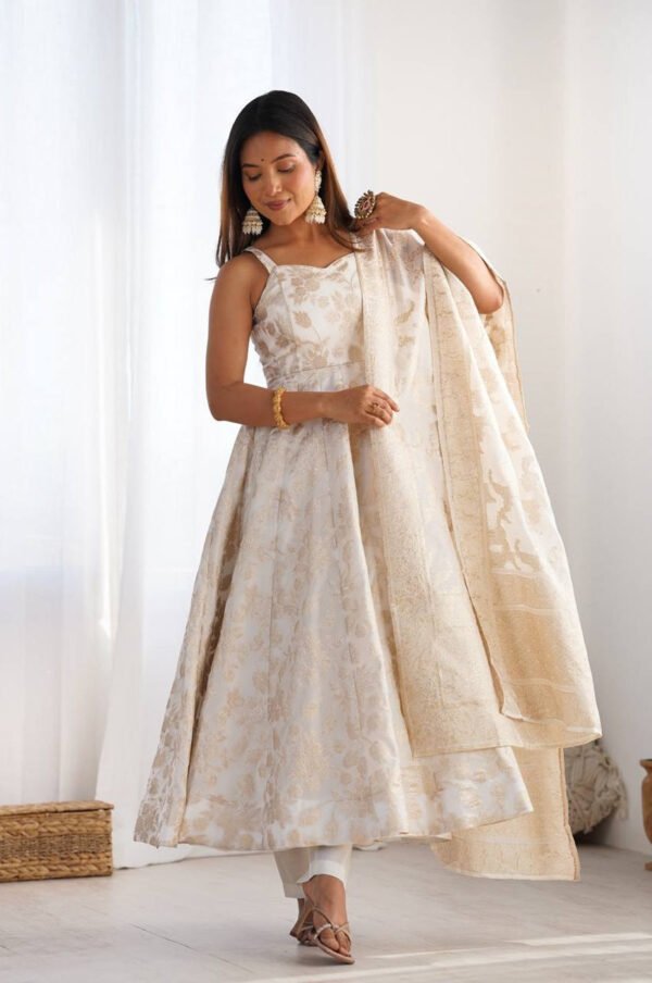 White Banarasi Jacquard Dola Silk Anarkali Suit