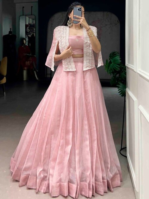 Premium Tender Pink Allnen Crush Lehenga Set with 5 Meter Flair