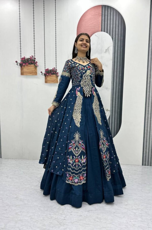 Indigo Color Crop Top Lehenga with Embroidered Shrug