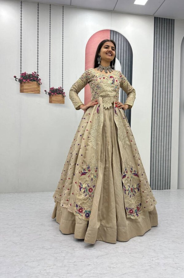Cream Color Crop Top Lehenga with Embroidered Shrug