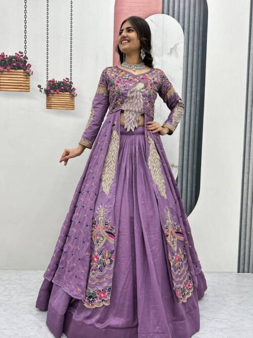 Boho Lavender Crop Top Lehenga with Embroidered Shrug