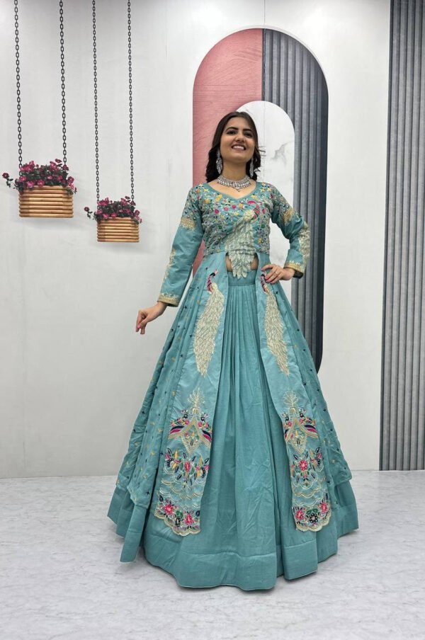 Misty Teal Crop Top Lehenga with Embroidered Shrug