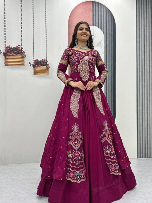 Tyrian Purple Crop Top Lehenga Set with Heavy Embroidery & Stylish Shrug Look