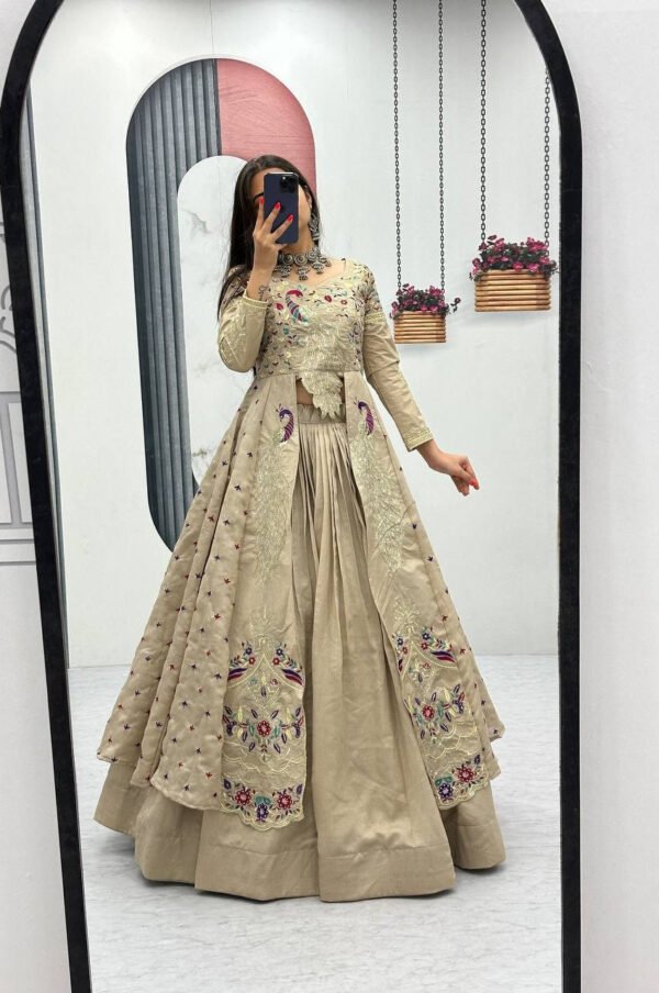 Cream Color Crop Top Lehenga with Embroidered Shrug