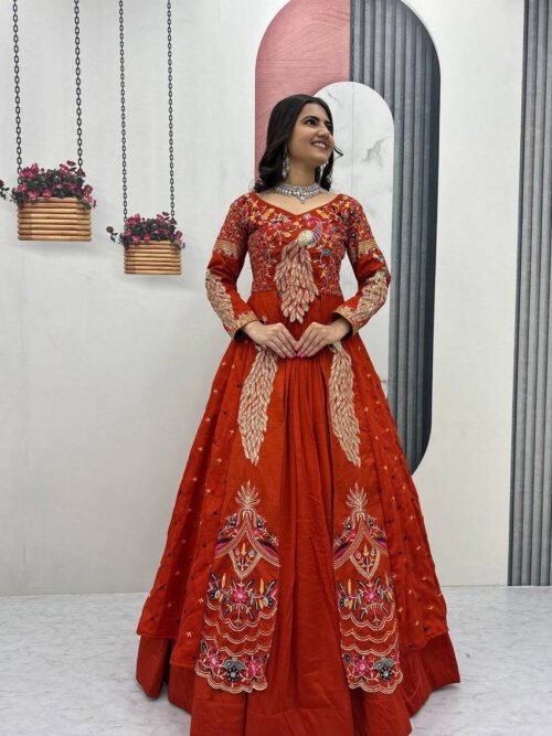Orange Crop Top Lehenga Set with Heavy Embroidery & Stylish Shrug Look