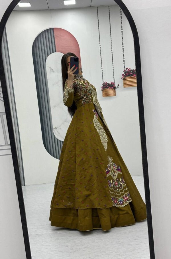Mustard Green Crop Top Lehenga with Embroidered Shrug