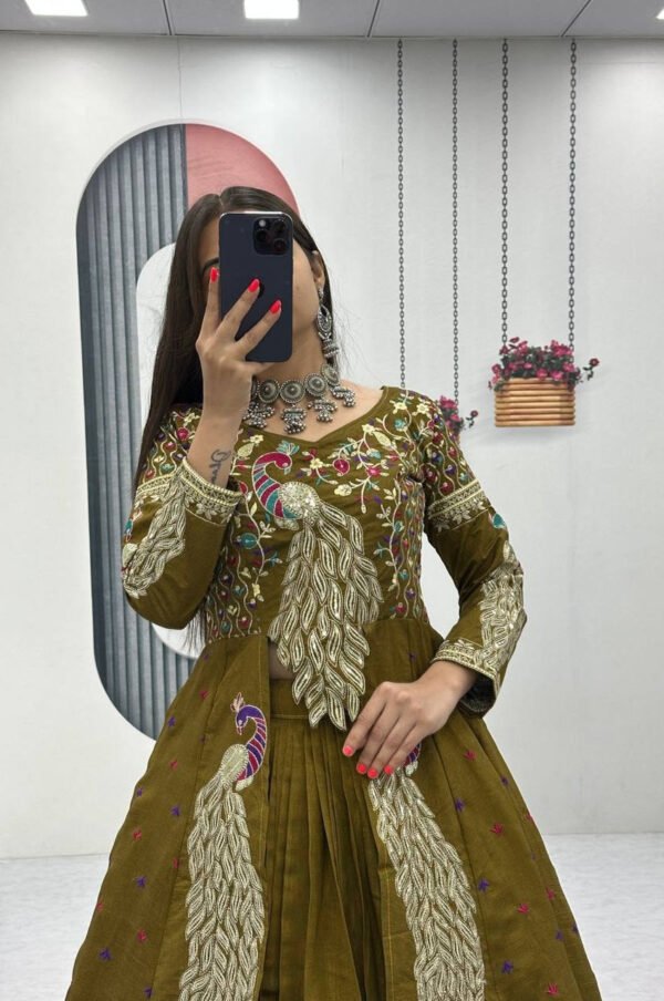 Mustard Green Crop Top Lehenga with Embroidered Shrug