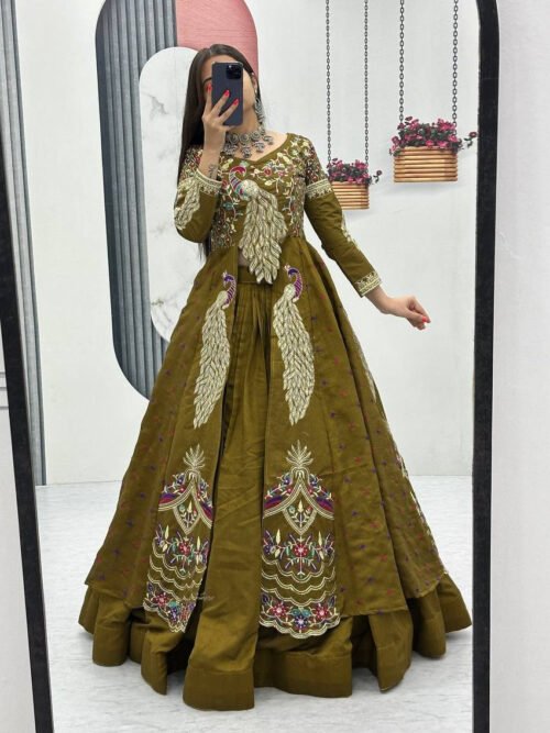 Mustard Green Crop Top Lehenga with Embroidered Shrug