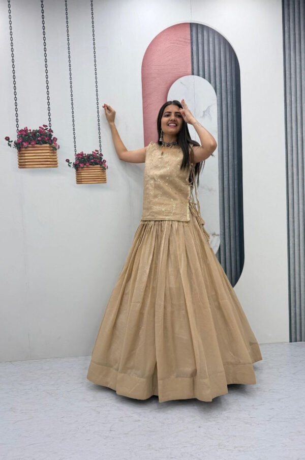 Dark Tan Crunchy Silk Lehenga Set with 3.5 Meter Flair & Heavy Sequins Jacket