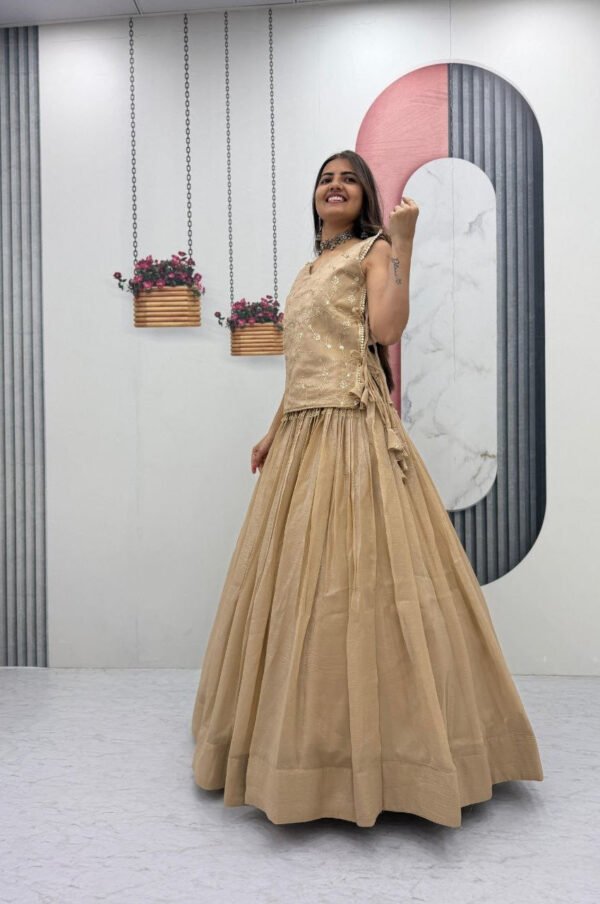 Dark Tan Crunchy Silk Lehenga Set with 3.5 Meter Flair & Heavy Sequins Jacket