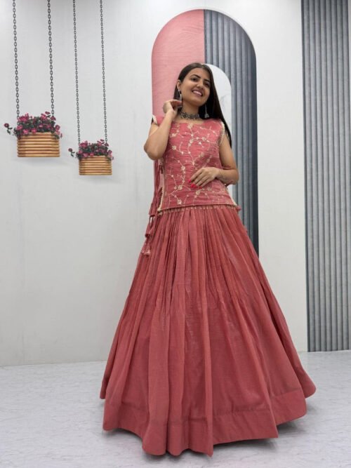 Dusky Red Crunchy Silk Lehenga Set with 3.5 Meter Flair & Heavy Sequins Jacket