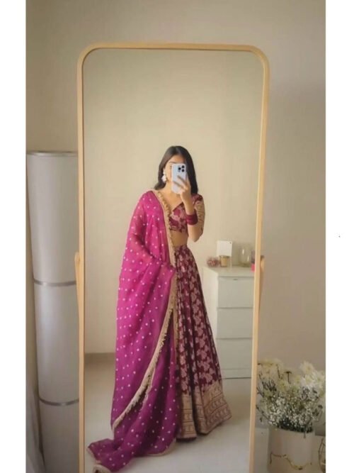 Wine Elegant Jacquard Thread & Sequin Work Lehenga Set with Dupatta