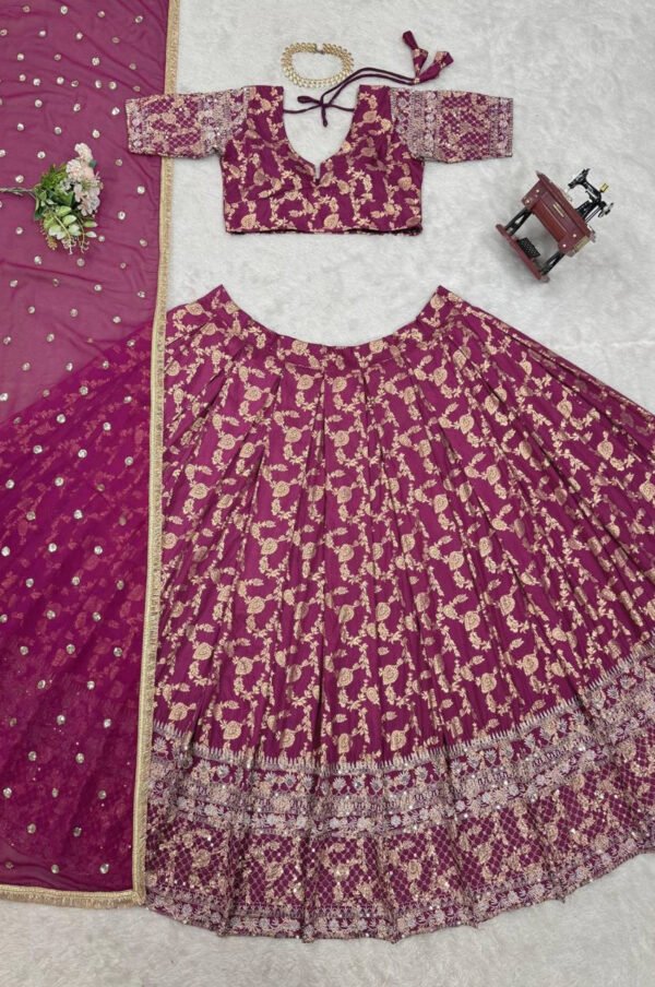 Wine Elegant Jacquard Thread & Sequin Work Lehenga Set with Dupatta