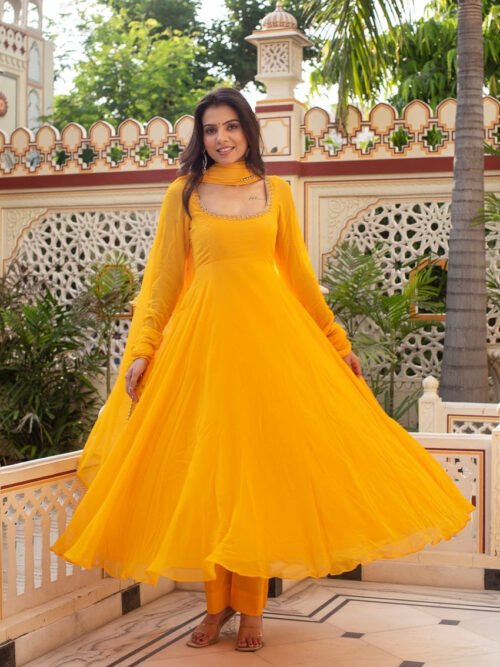 Mustard Yellow Hand-Worked Premium Anarkali Set