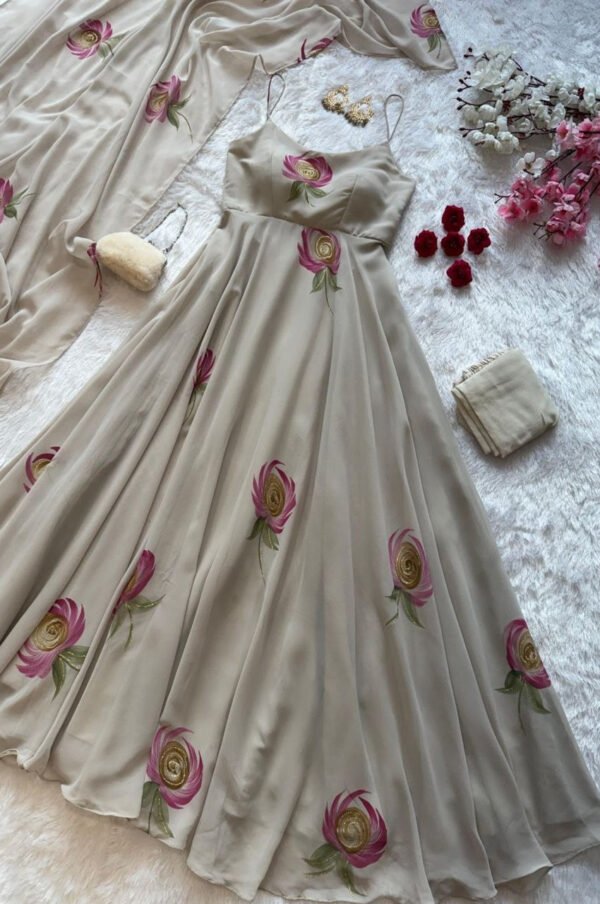 Dusty Brown Faux Georgette Handpainted Anarkali Suit