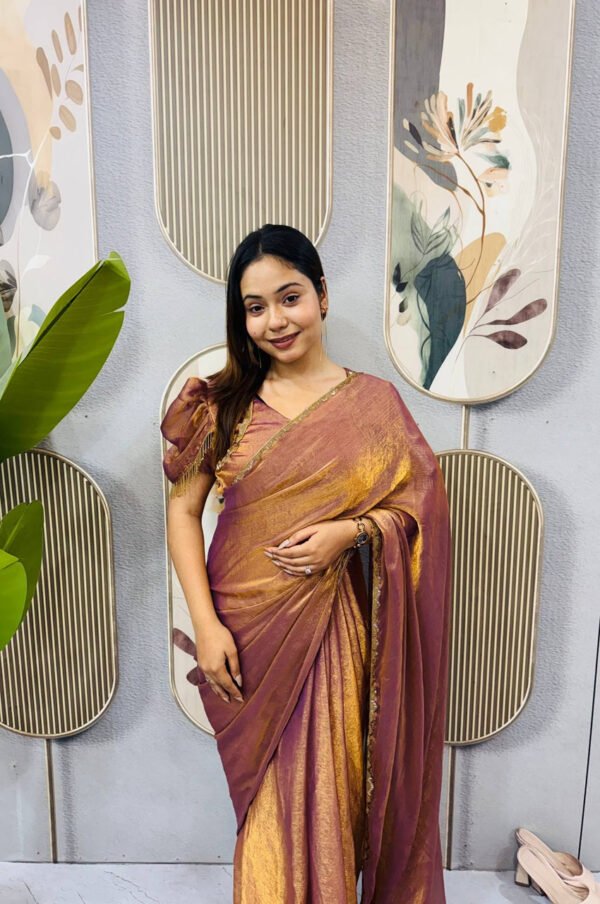 Copper Color Space Silk Gown Saree with Beads Lace & Dupatta