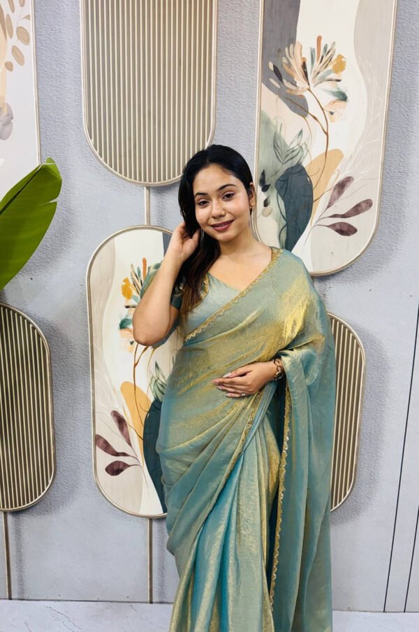 Dusty Olive Space Silk Gown Saree with Beads Lace & Dupatta