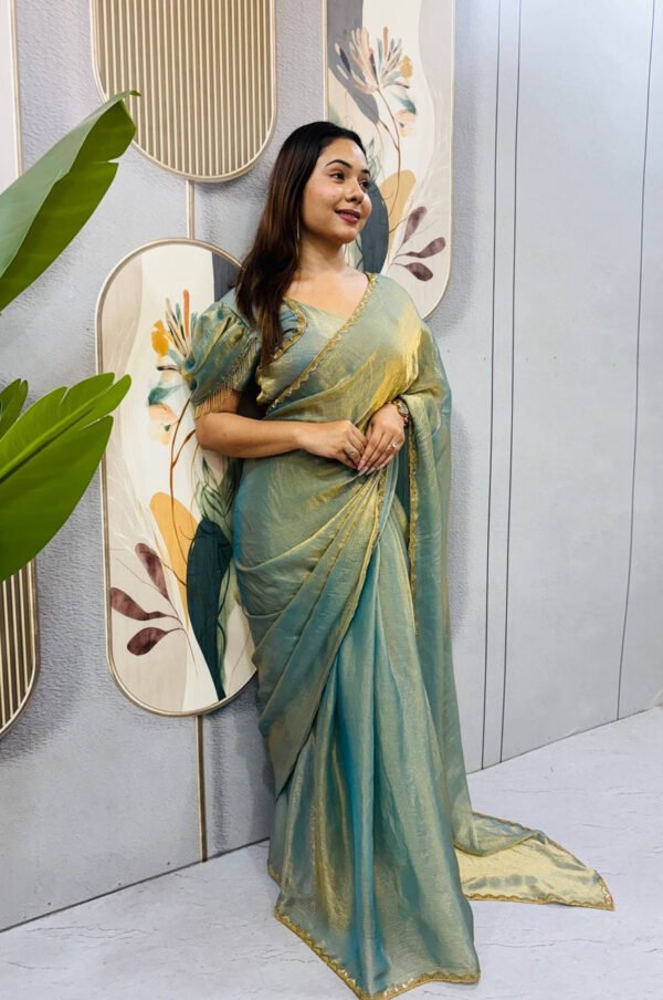 Dusty Olive Space Silk Gown Saree with Beads Lace & Dupatta