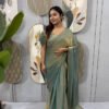 Dusty Olive Space Silk Gown Saree with Beads Lace & Dupatta