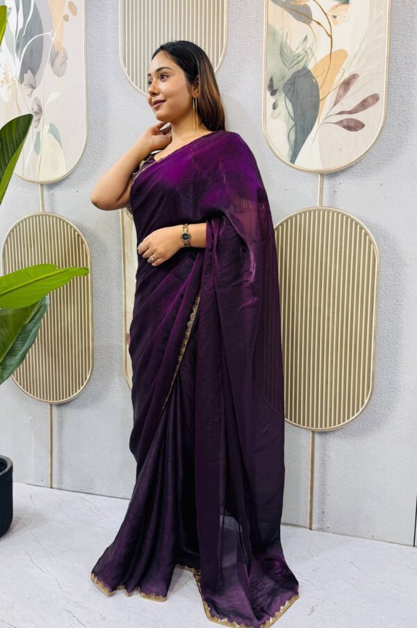 Purple Space Silk Gown Saree with Beads Lace & Dupatta