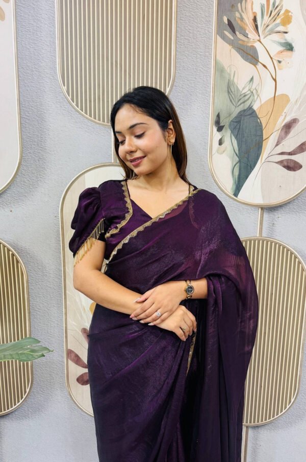 Purple Space Silk Gown Saree with Beads Lace & Dupatta