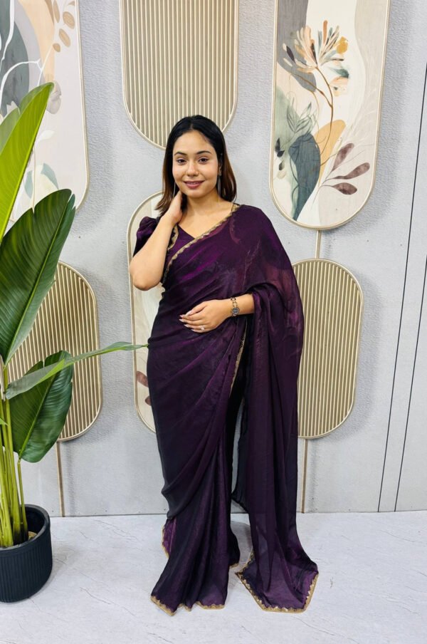 Purple Space Silk Gown Saree with Beads Lace & Dupatta