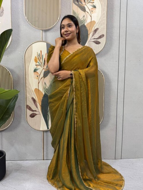 Bronze Color Space Silk Gown Saree with Beads Lace & Dupatta