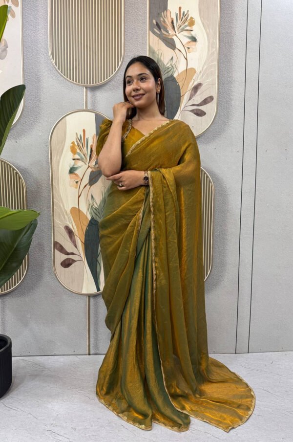 Bronze Color Space Silk Gown Saree with Beads Lace & Dupatta