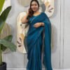 Regal Blue Space Silk Gown Saree with Beads Lace & Dupatta
