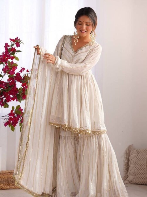 Gold White Designer Sharara Suit Set